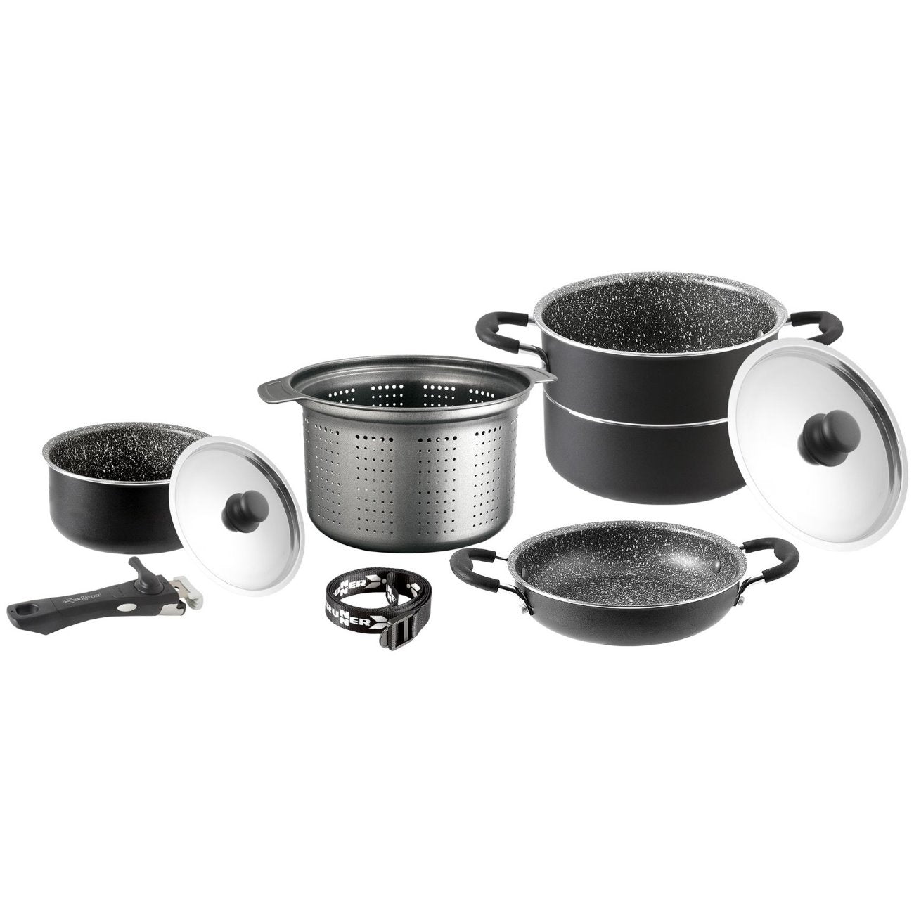 Тенджери за къмпинг BRUNNER Pirate 7+1 22см компактен комплект съдове за готвене, спестява място, идеален за пълен комплект за готвене на къмпинг.