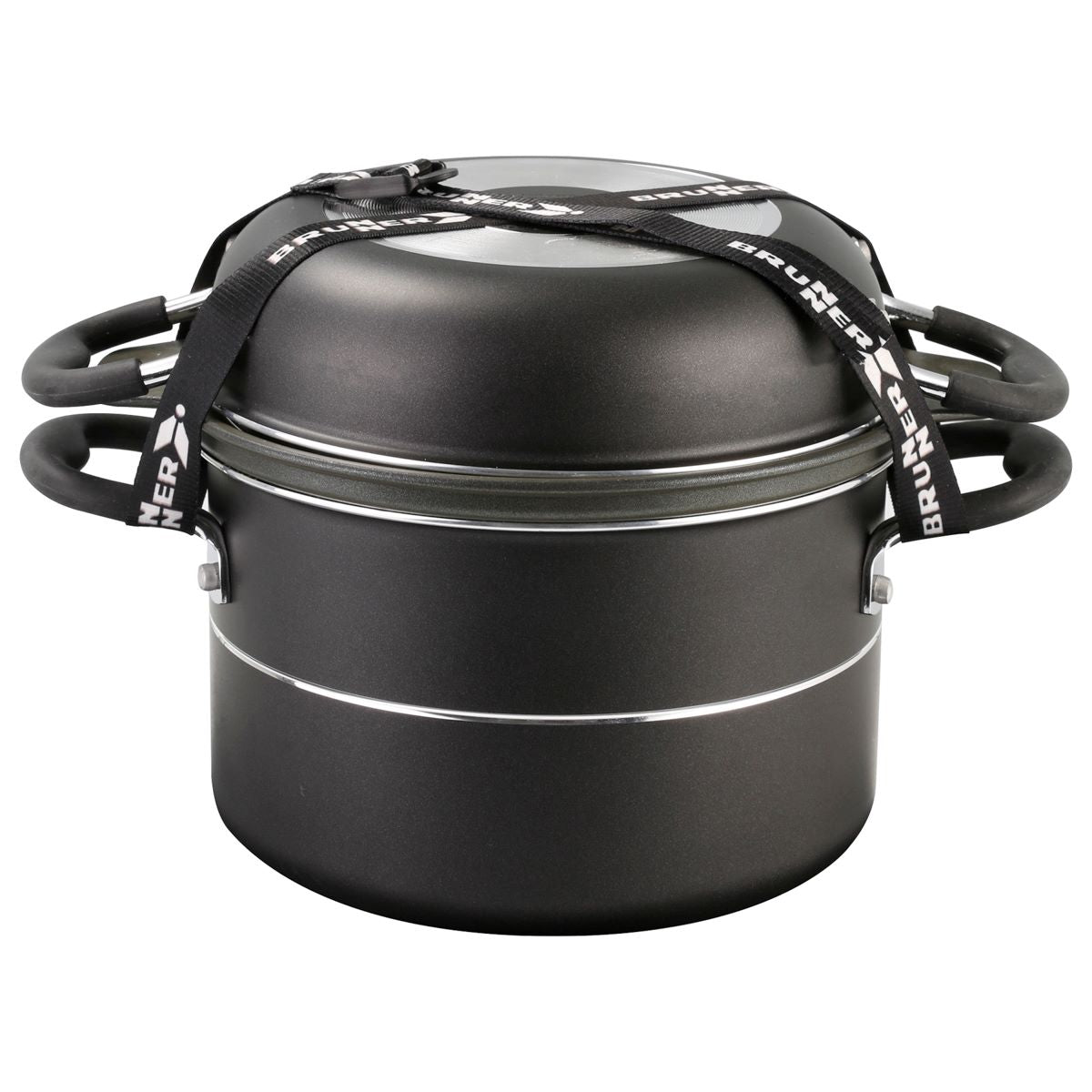 Тенджери за къмпинг BRUNNER Pirate 7+1 22см, компактен комплект съдове за готвене, спестява място, идеален за пътуване и къмпинг.