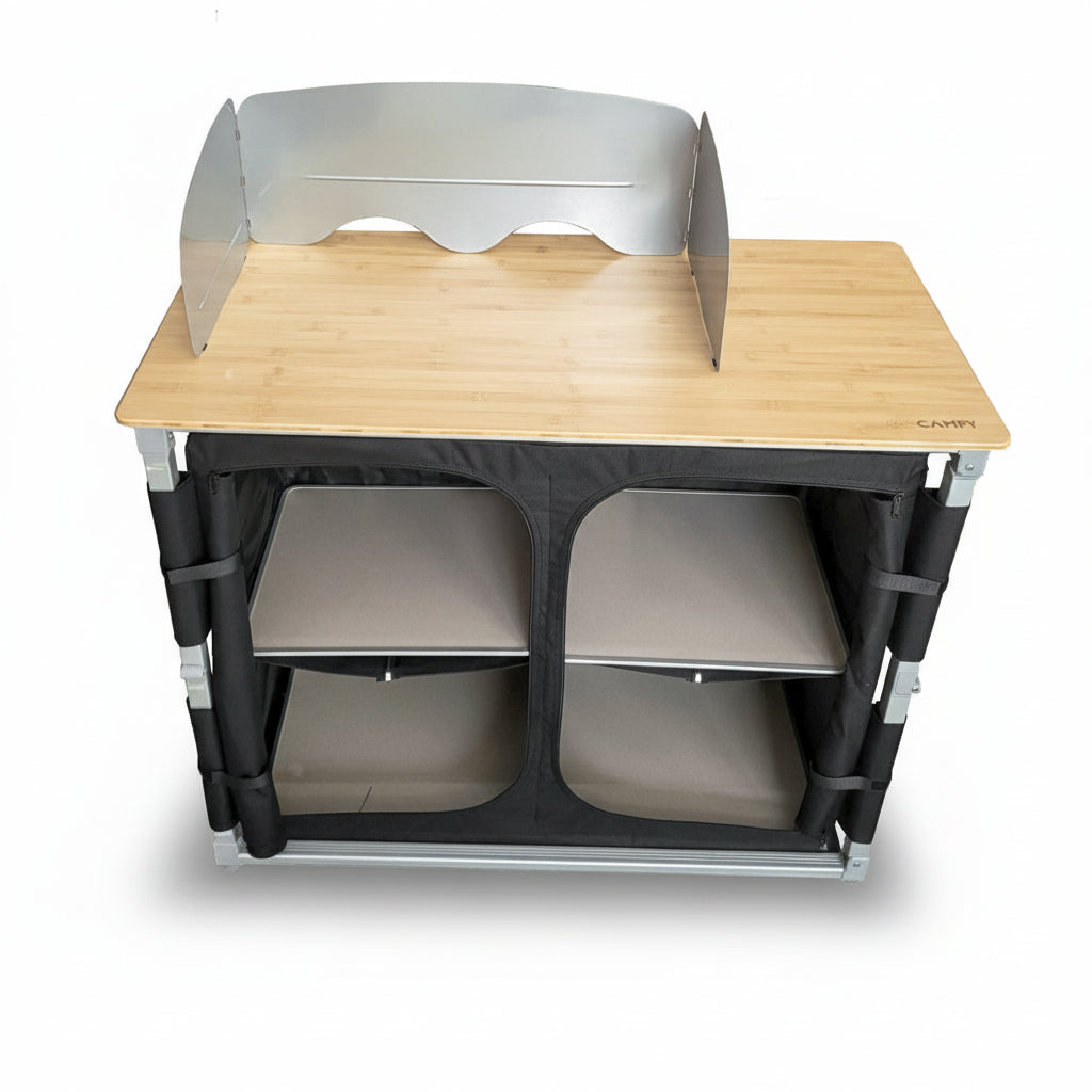 Преносим сгъваем шкаф GoCampy с бамбуков плот и параван за вятър, подходящ за къмпинг кухня, лесно сгъване, най-добра цена.