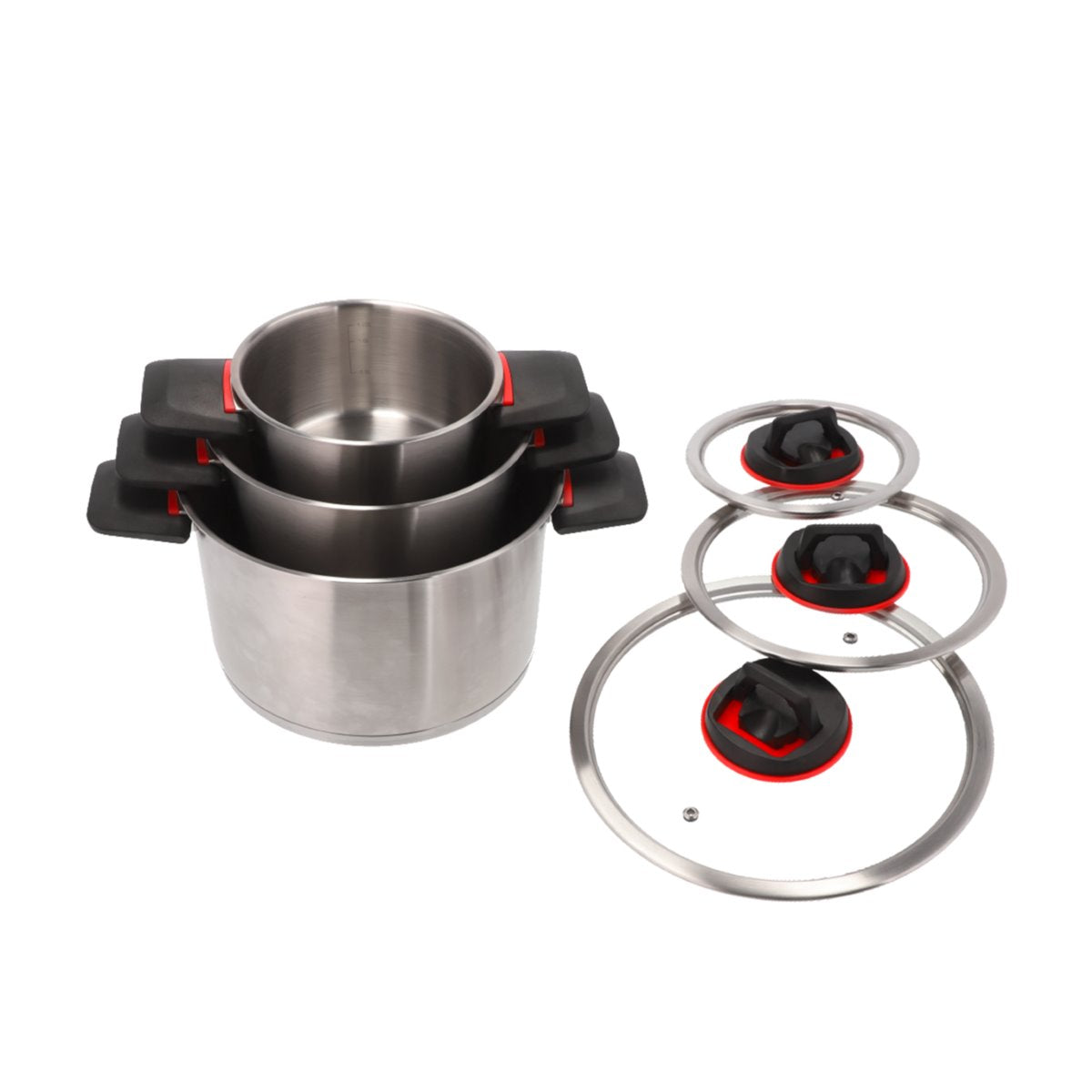 Тенджери Berger RedSilva със сгъваеми дръжки, подредени една в друга / Berger RedSilva pots with foldable handles nested together