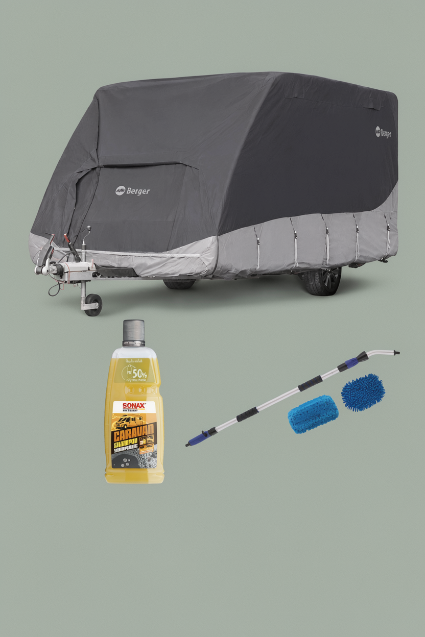 Грижа за кемпера – покривало за каравана Berger, SONAX Caravan Shampoo и четка 3 в 1