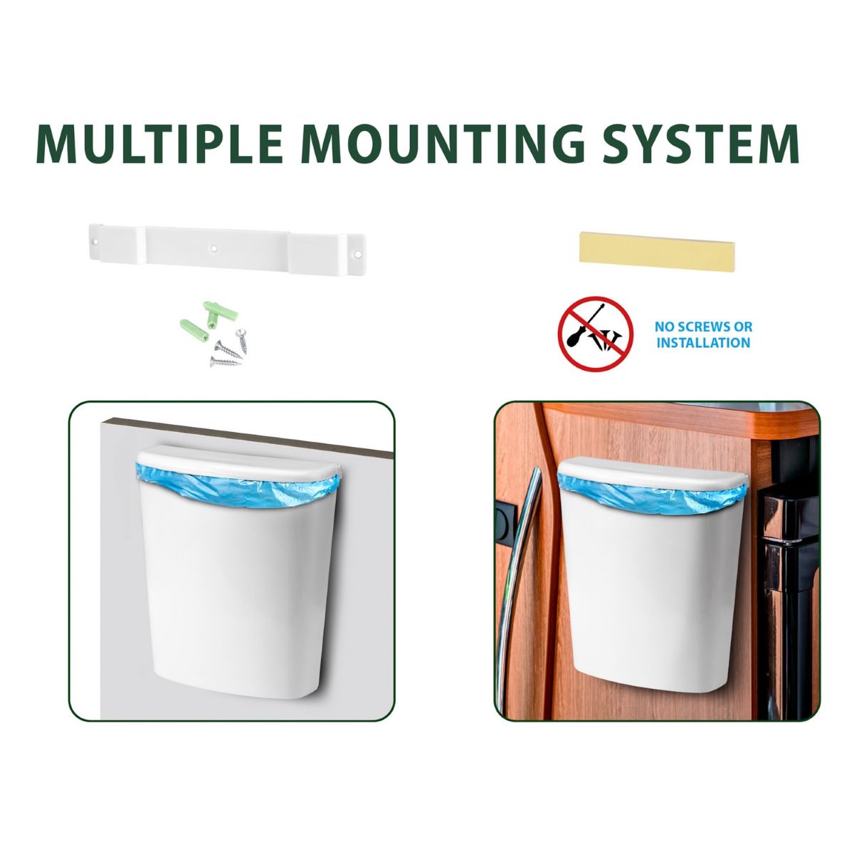 Multiple mounting options for BRUNNER Pillar 5.5L trash can for camper kitchens.