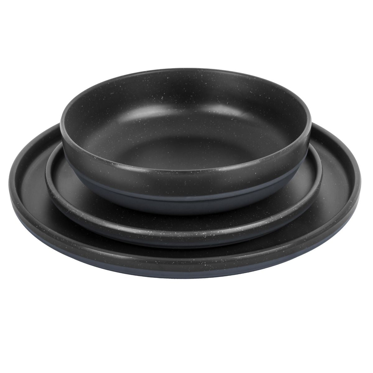 Меламинов сервиз BRUNNER ODETTE DOUBLE BLACK 12 части, черен цвят, чинии и купи за къмпинг.
