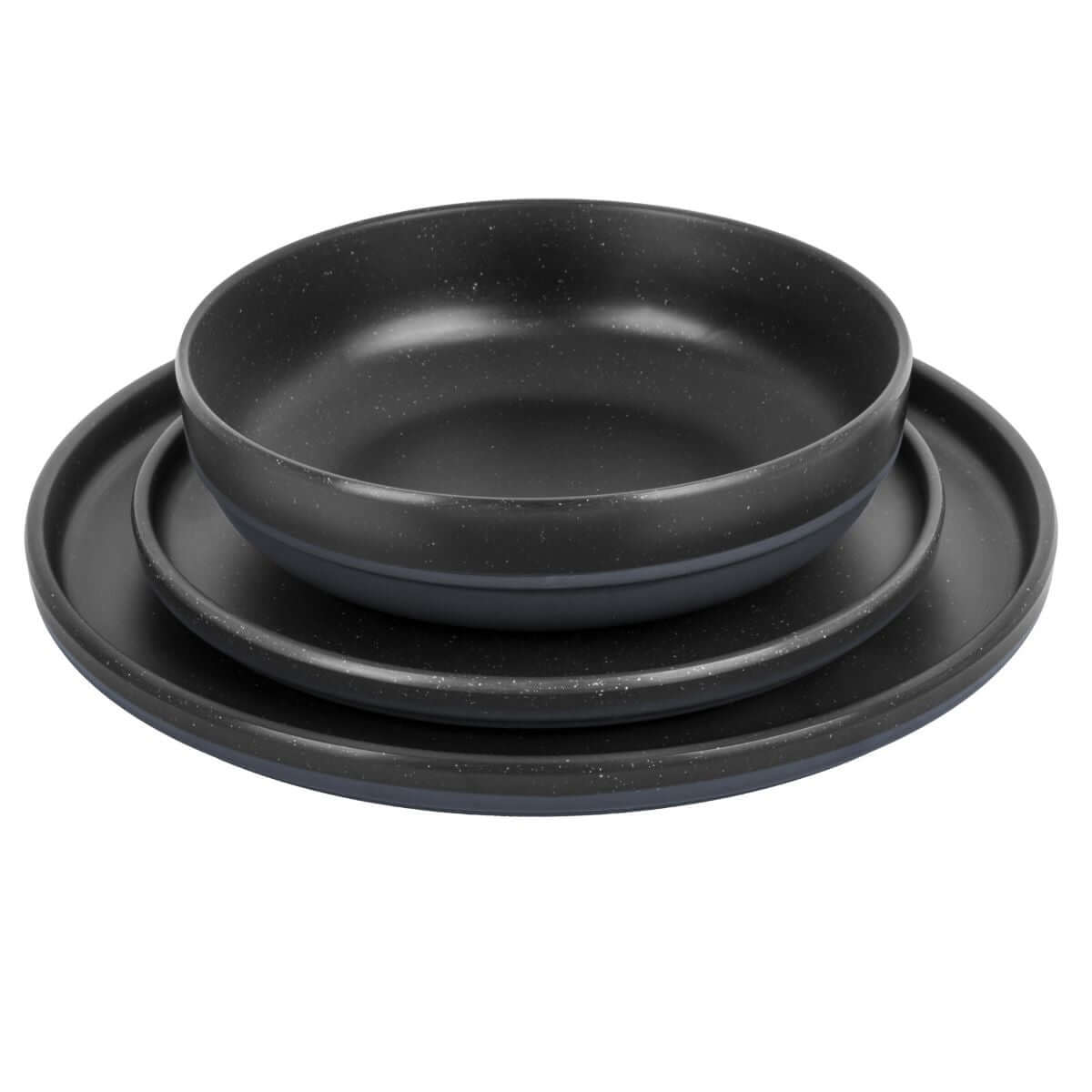 Меламинов сервиз BRUNNER ODETTE DOUBLE BLACK 12 части, черен цвят, чинии и купи за къмпинг.