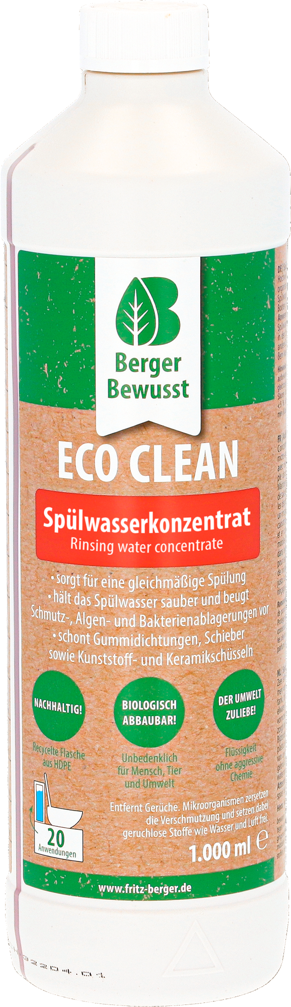 Екологичен концентрат за изплакване (1 л) Berger Eco Clean в бутилка, предназначен за къмпинг и каравани.