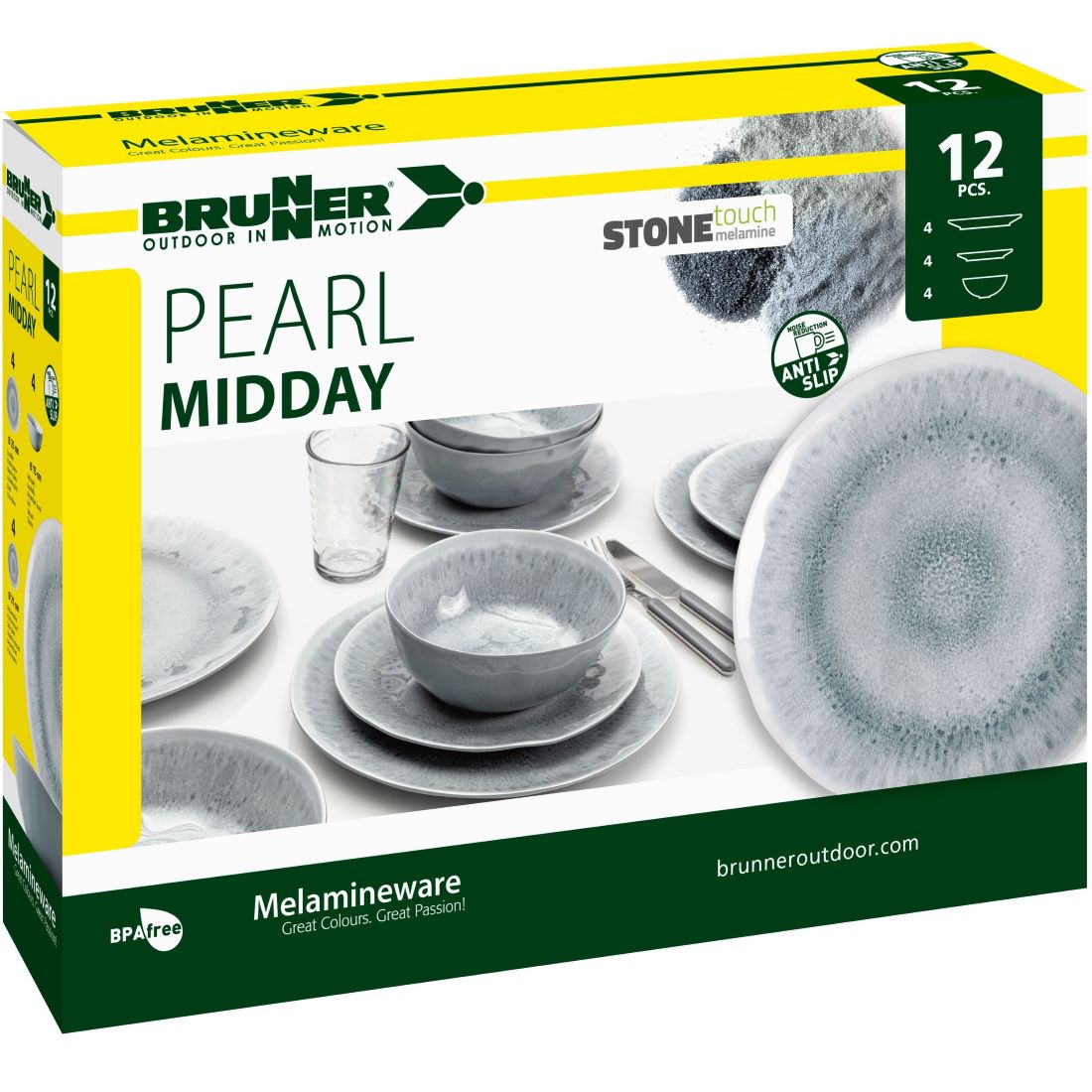 Сервиз за къмпинг Brunner Midday Pearl – 12 части, комплект от 12 части, меламинови съдове с ефект stone touch.