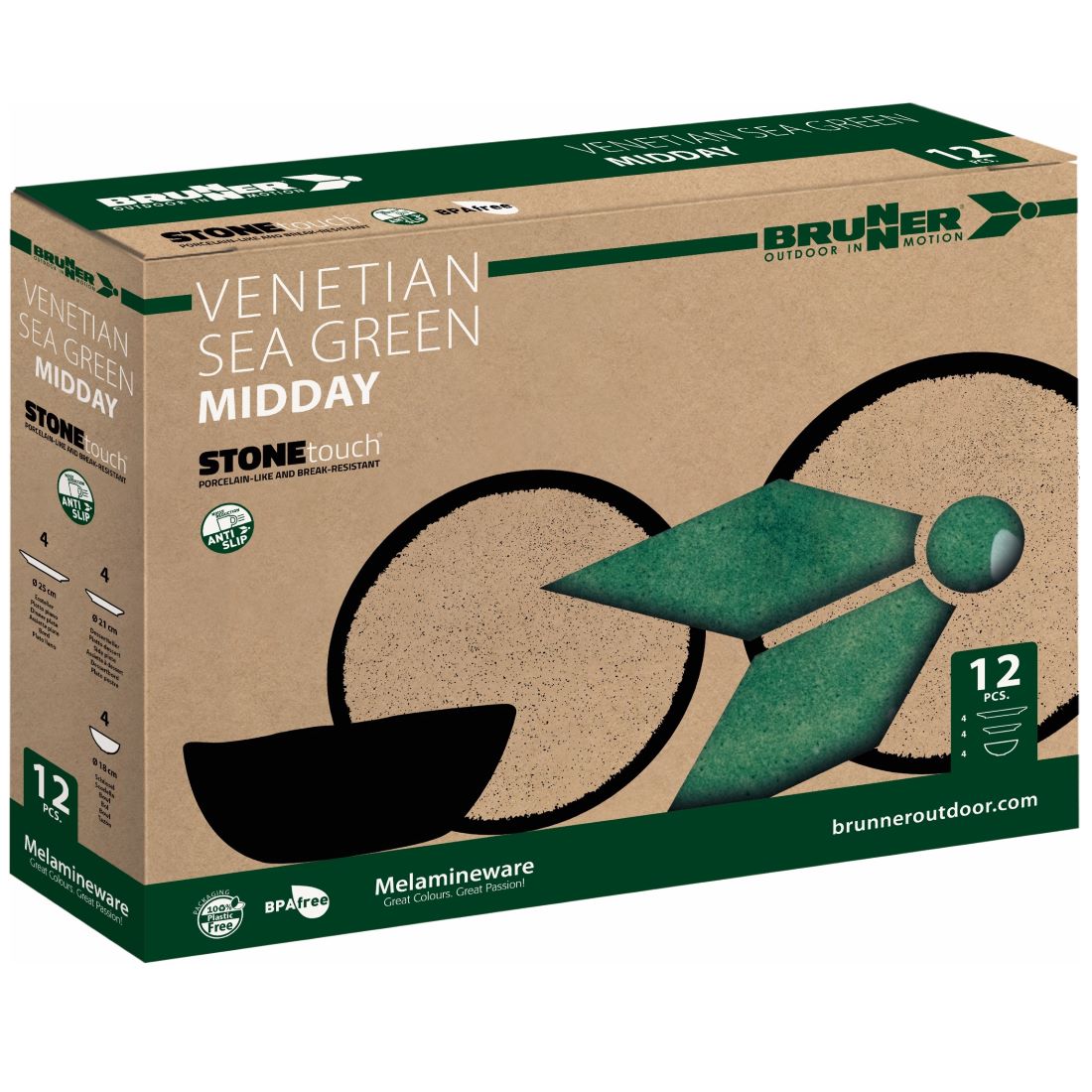Сервиз чинии за къмпнг BRUNNER MIDDAY VENETIAN SEA GREEN - стилни къмпинг аксесоари, изработени от Stone Touch меламин.