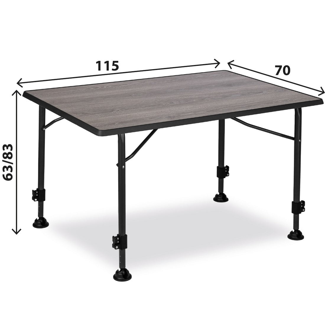 Къмпинг маса с регулеруеми крака BRUNNER LINEAR GREYWOOD, разгъната с размери 115x70 см и регулируема височина.