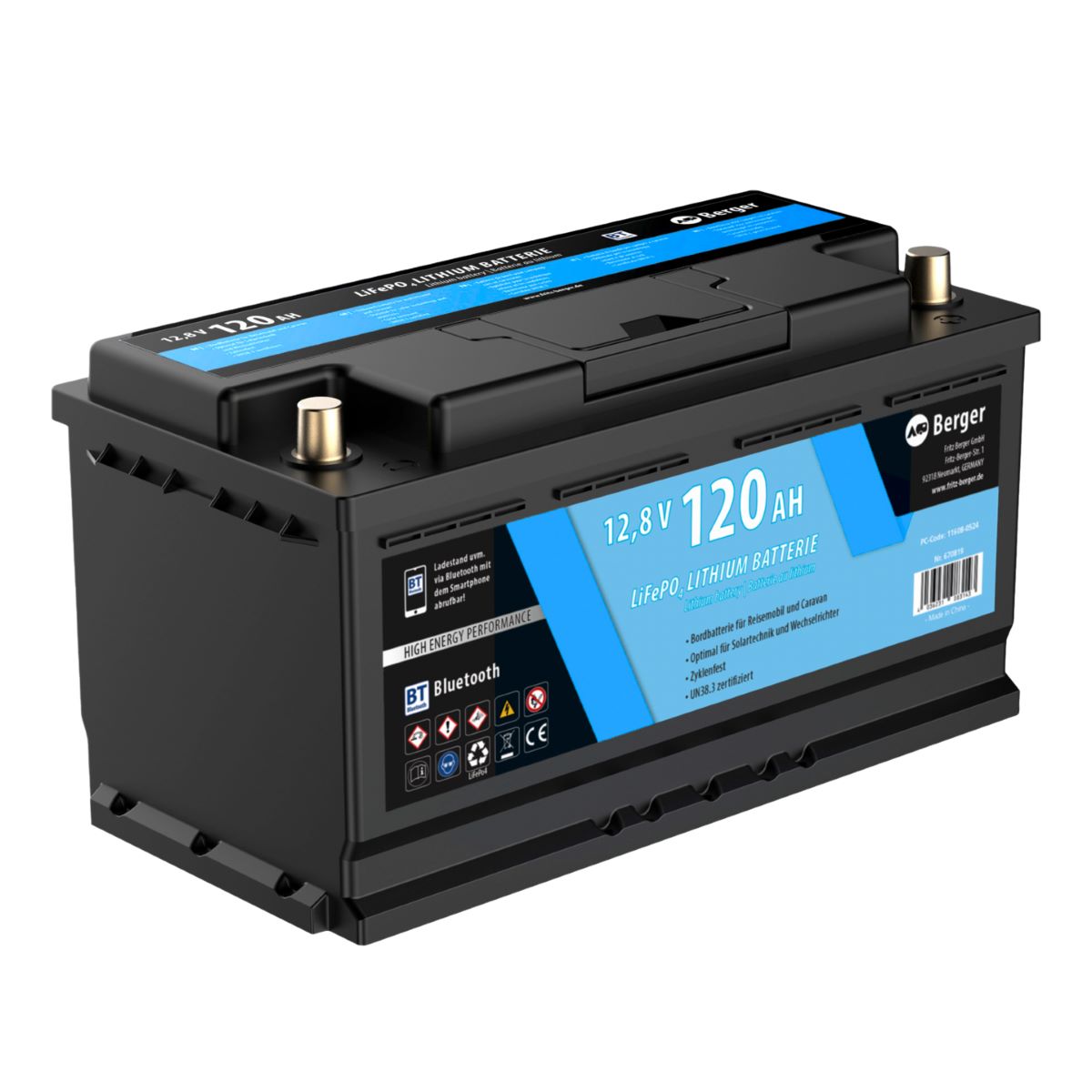 Тягов акумулатор Berger LiFePO4 120Ah 12V с Bluetooth за кемпер и каравана - немско качество, дълъг живот, мобилно приложение