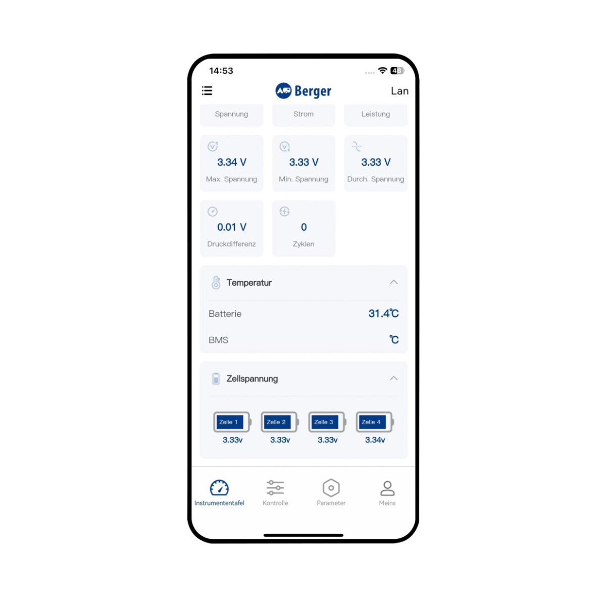 Мобилно приложение за Тягов акумулатор Berger LiFePO4 120Ah 12V с Bluetooth, показващо параметри и състояние на батерията.