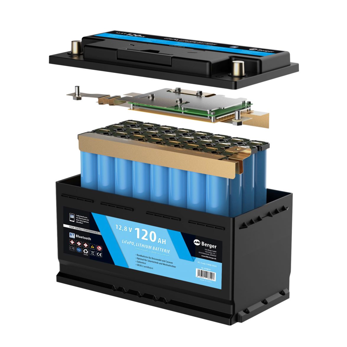 Тягов акумулатор Berger LiFePO4 120Ah 12V с Bluetooth - лек акумулатор с модерна технология и мобилно приложение за дълъг живот.