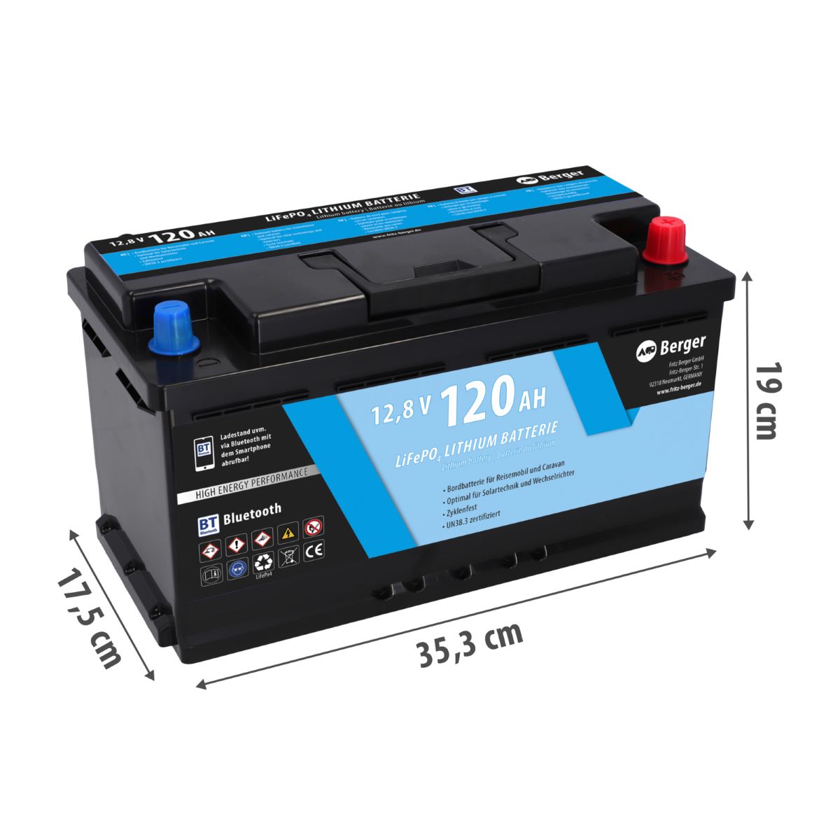 Тягов акумулатор Berger LiFePO4 120Ah 12V с Bluetooth - лек акумулатор с нова технология и дълъг живот.