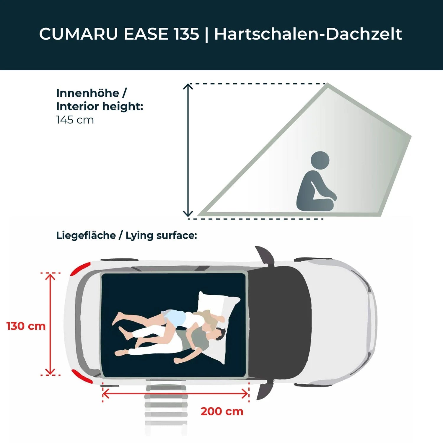 CUMARU EASE 135 твърда покривна палатка VICKYWOOD, интериорна височина 145 см, размери на леглото 200x130 см.