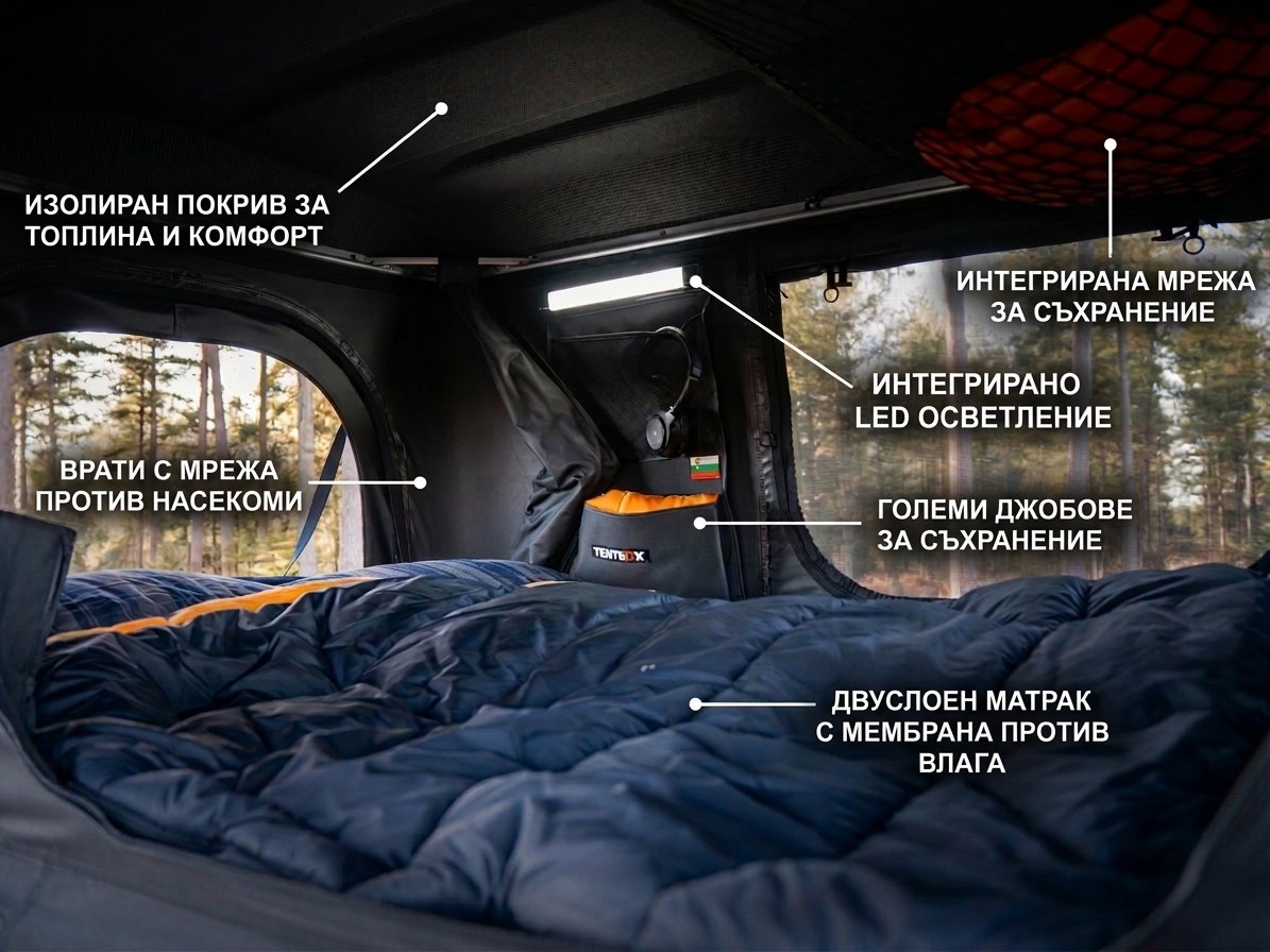 TentBox Classic 2.0 – Твърда покривна палатка за 2-ма; интериор с изолирани материали и LED осветление.